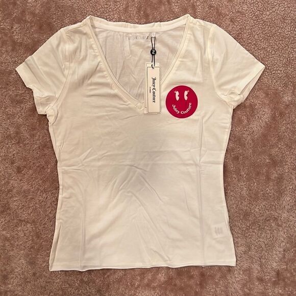 22. NWT Juicy Couture Smiley Face Emoji Cotton Modal V-Neck Tee White Women's S - Picture 1 of 13